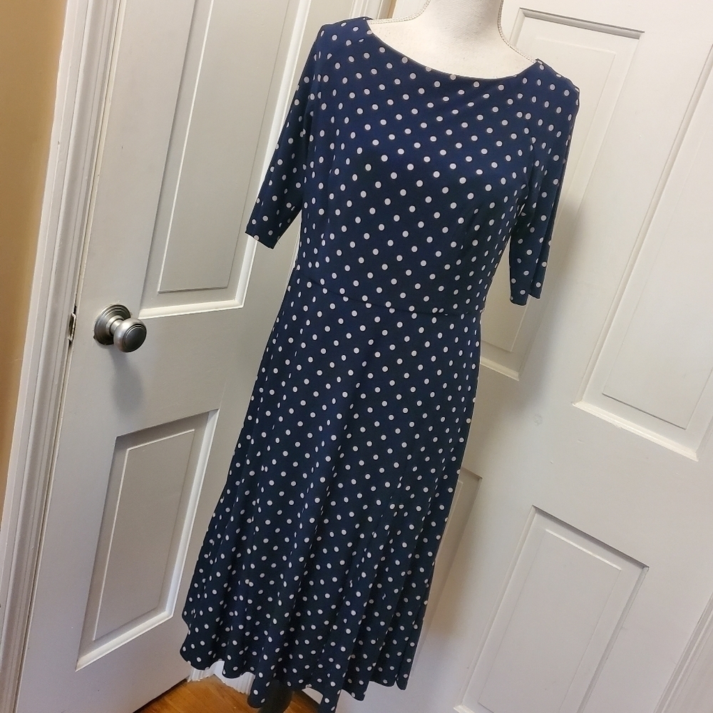 Jones New York Navy & Beige Polka Dot Knit Dress Size 8, classic, Preppy